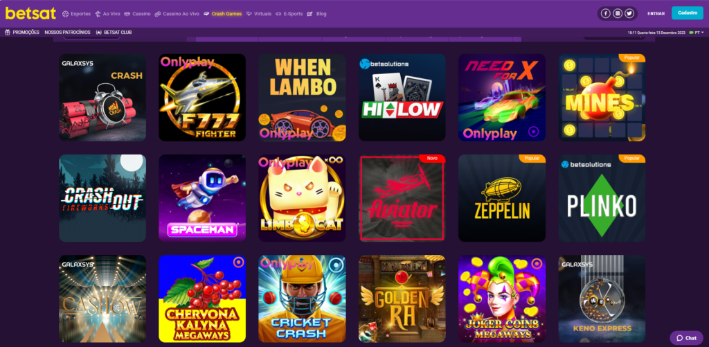 Seção de Jogos de Crash - Betsat Casino