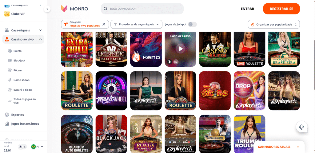 Seção de Jogos de Mesa - Monro Casino