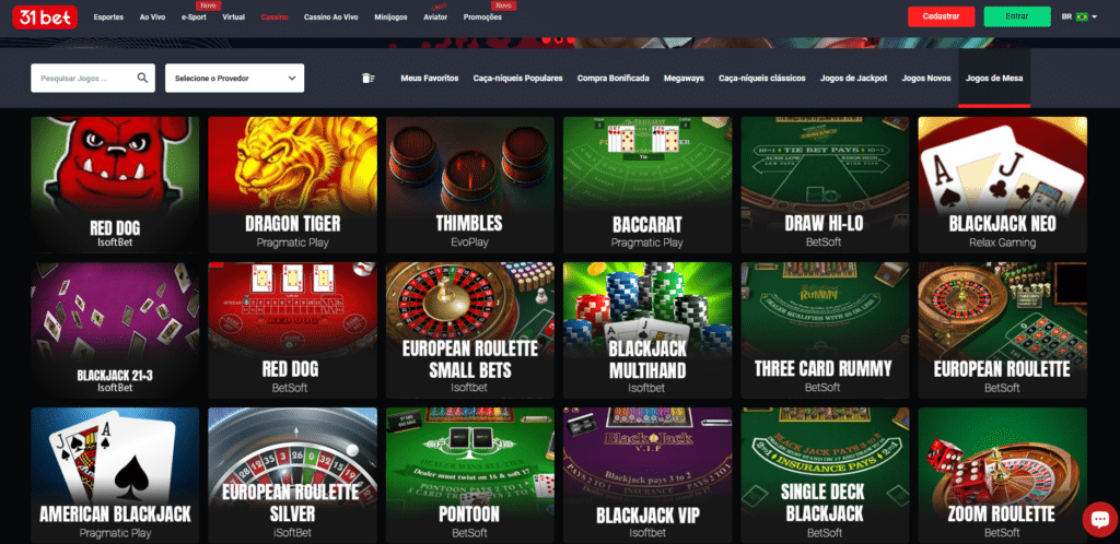 Seção de Jogos de Mesa - 31Bet Casino