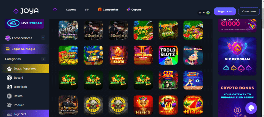 Seção de jogos de caça-níqueis - Joya Casino