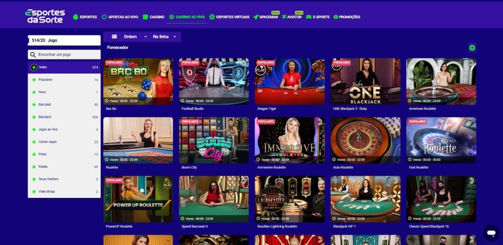 Seção Casino ao Vivo do Esportes da Sorte Casino